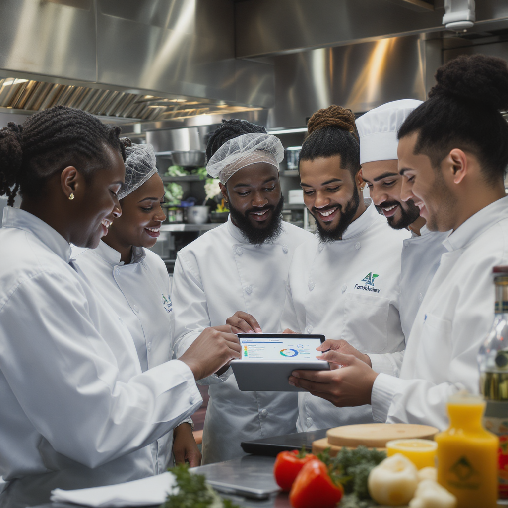 Équipe de cuisine échangeant autour d’une tablette pour suivre les indicateurs de rentabilité du restaurant.